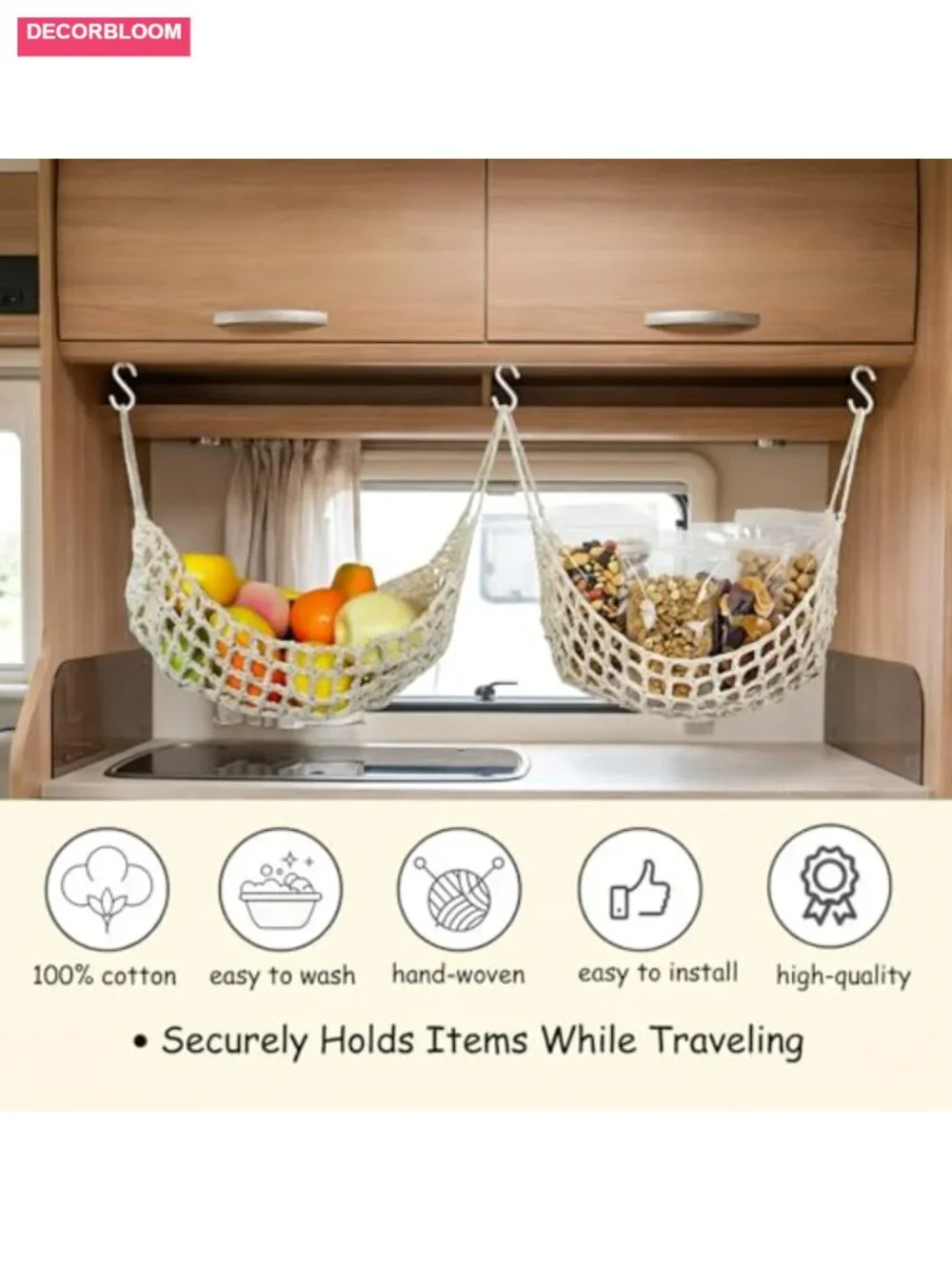 Hanging Fruit Hammock Under Cabinet 13x16in Macrame Storage Basket with Hooks